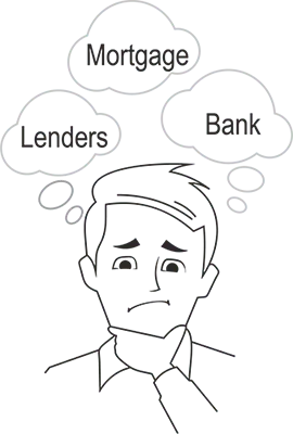 M3TheProblem - Caricature of man thinking about Mortgage, Lender, Bank