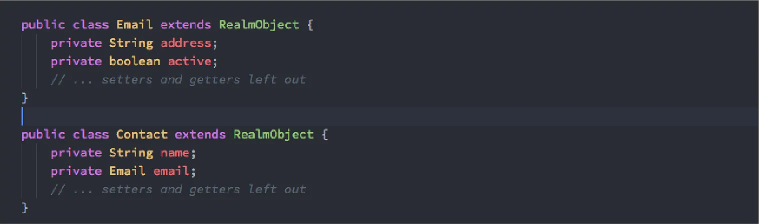 Code editor showing linking between two Realm objects