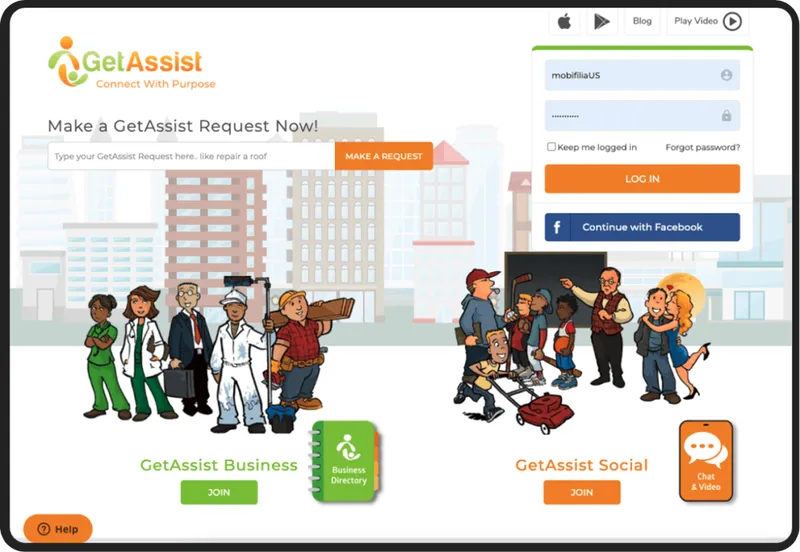 GetAssist — request and social feed screens in the web app