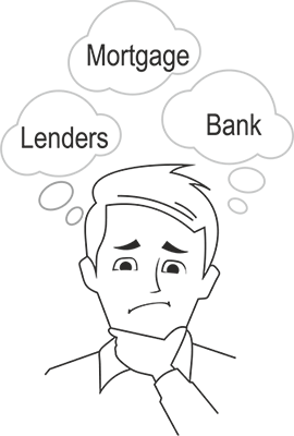 M3TheProblem - Caricature of man thinking about Mortgage, Lender, Bank