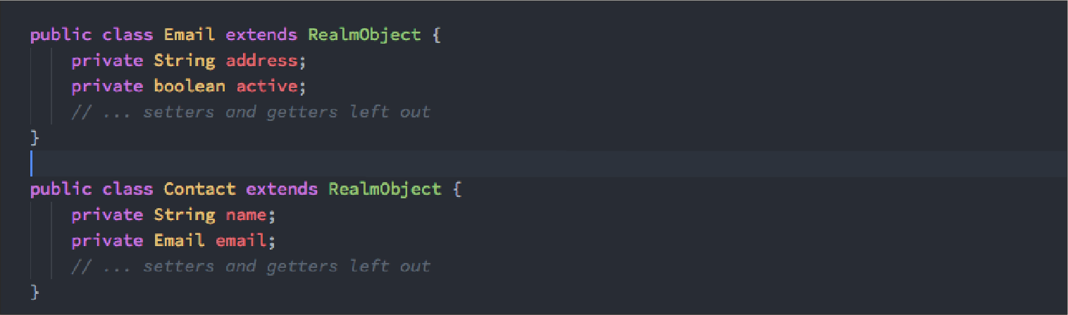 Code editor showing linking between two Realm objects